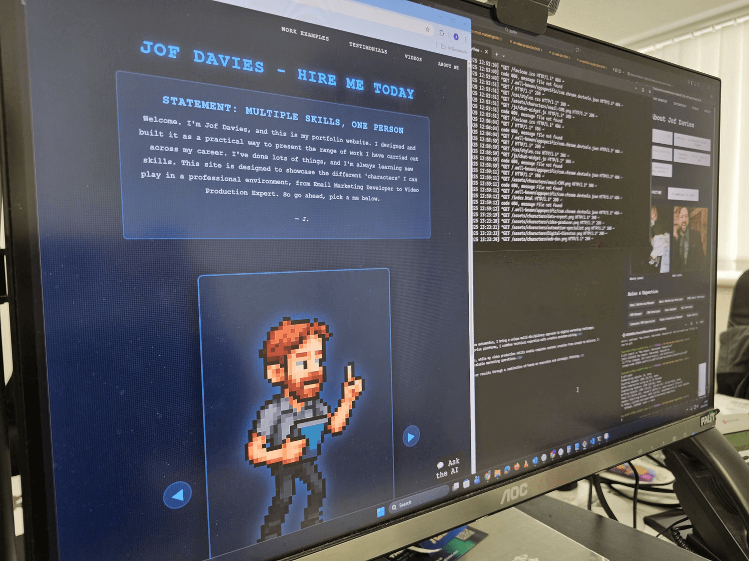 Portfolio site development screenshot showing interactive CV elements